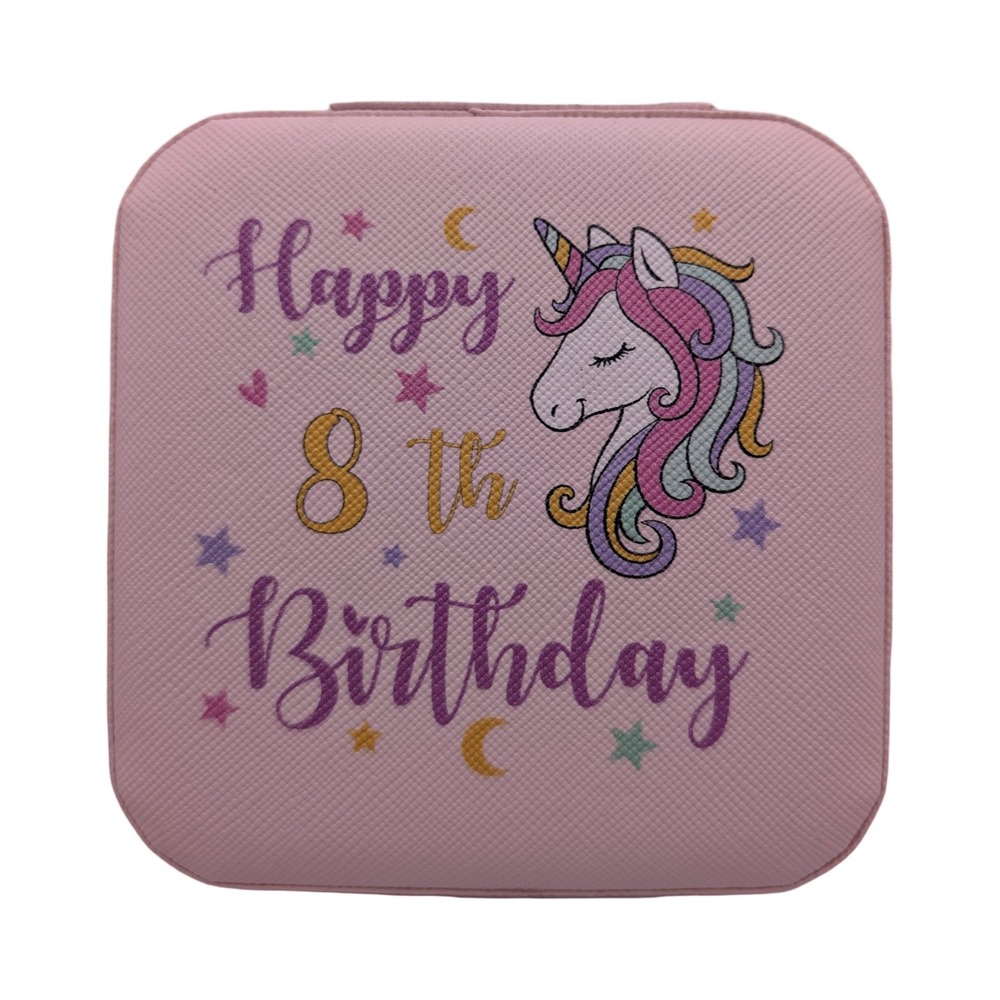 Happy 8th Birthday Unicorn Jewelry Box–Pink Travel Jewelry Organizer with Mirror